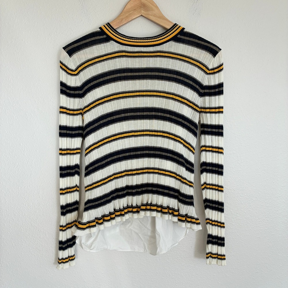NWOT Derek Lam 10 Crosby Cardigan Womens M White Striped Ribbed Knit Layered Hem